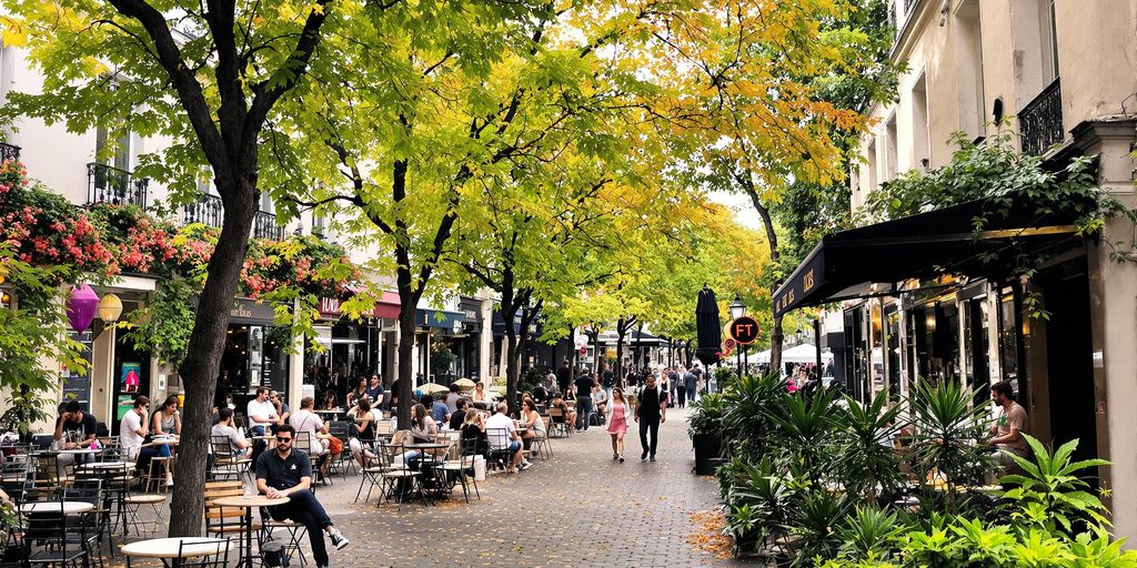 Paris street with cafes and greenery, relaxed atmosphere.