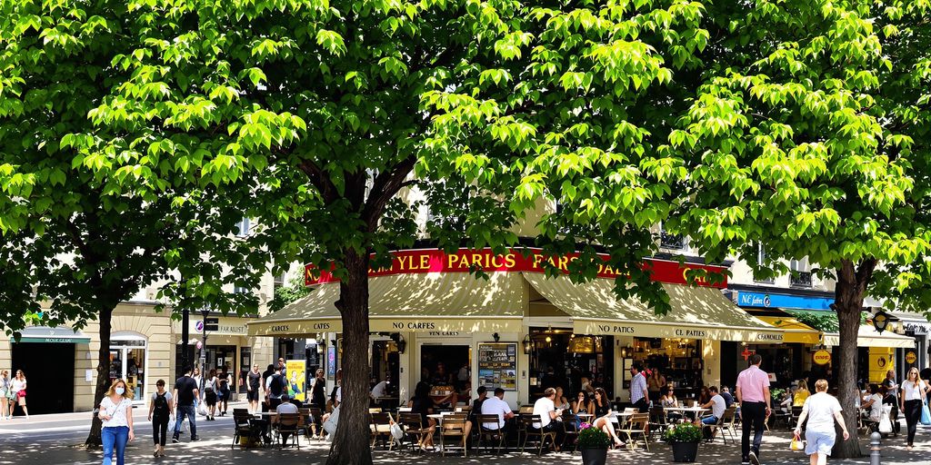 Street scene in Paris with people enjoying outdoors.